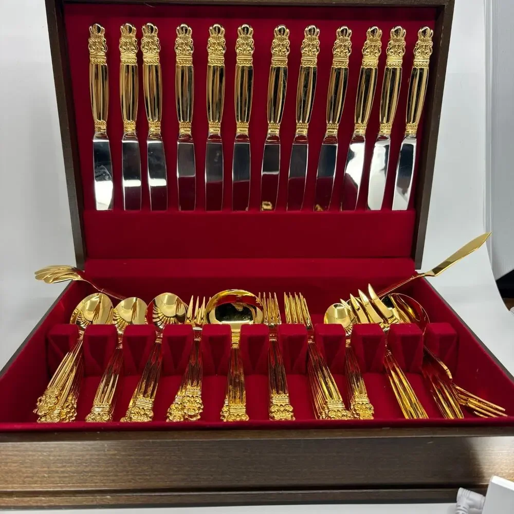24KT Gold Electro Plate 18/8 Japan Flatware Set Red Lined Wood Case